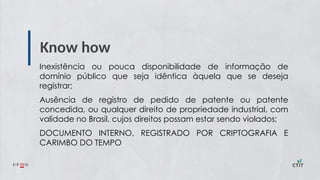 Know how
Inexistência ou pouca disponibilidade de informação de
domínio público que seja idêntica àquela que se deseja
registrar;
Ausência de registro de pedido de patente ou patente
concedida, ou qualquer direito de propriedade industrial, com
validade no Brasil, cujos direitos possam estar sendo violados;
DOCUMENTO INTERNO, REGISTRADO POR CRIPTOGRAFIA E
CARIMBO DO TEMPO
 