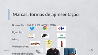 Marcas: formas de apresentação
Nominativa: IBM, PHILIPS, AVON, SONY...
Figurativa:
Mista:
Tridimensional:
Marca de Posição:
 