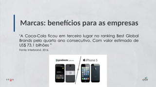 Marcas: benefícios para as empresas
“A Coca-Cola ficou em terceiro lugar no ranking Best Global
Brands pelo quarto ano consecutivo. Com valor estimado de
US$ 73,1 bilhões ”
Fonte: Interbrand, 2016.
 