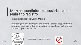 Marcas: condições necessárias para
realizar o registro
Não são Registráveis Como Marca
“reprodução ou imitação de cunho oficial, regularmente
adotada para garantia de padrão de qualquer gênero ou
natureza” (Art. 124, inc. XI)
Para produtos agropecuários
 