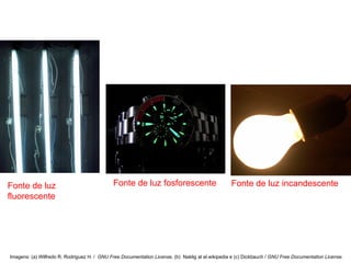 Fonte de luz
fluorescente
Imagens: (a) Wilfredo R. Rodriguez H. / GNU Free Documentation License, (b) Naklig at el.wikipedia e (c) Dickbauch / GNU Free Documentation License.
Fonte de luz fosforescente Fonte de luz incandescente
 