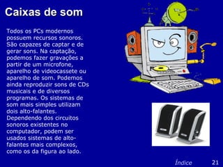 Caixas de somCaixas de som
Todos os PCs modernos
possuem recursos sonoros.
São capazes de captar e de
gerar sons. Na captação,
podemos fazer gravações a
partir de um microfone,
aparelho de videocassete ou
aparelho de som. Podemos
ainda reproduzir sons de CDs
musicais e de diversos
programas. Os sistemas de
som mais simples utilizam
dois alto-falantes.
Dependendo dos circuitos
sonoros existentes no
computador, podem ser
usados sistemas de alto-
falantes mais complexos,
como os da figura ao lado.
21Índice
 