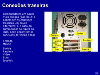 Conexões traseirasConexões traseiras
Computadores um pouco
mais antigos (padrão AT)
podem ter as conexões
traseiras um pouco
diferentes. É o caso do
computador da figura ao
lado, onde encontramos
conexões de vários tipos:
Teclado
Mouse
Seriais
Paralela
Vídeo
Som
Joystick
35
 