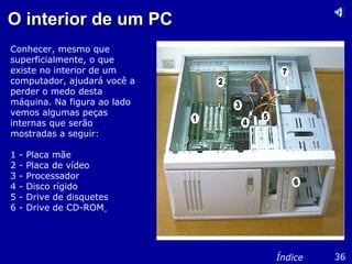 O interior de um PCO interior de um PC
Conhecer, mesmo que
superficialmente, o que
existe no interior de um
computador, ajudará você a
perder o medo desta
máquina. Na figura ao lado
vemos algumas peças
internas que serão
mostradas a seguir:
1 - Placa mãe
2 - Placa de vídeo
3 - Processador
4 - Disco rígido
5 - Drive de disquetes
6 - Drive de CD-ROM
36Índice
 