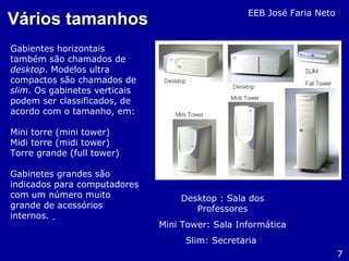 Vários tamanhosVários tamanhos
Gabientes horizontais
também são chamados de
desktop. Modelos ultra
compactos são chamados de
slim. Os gabinetes verticais
podem ser classificados, de
acordo com o tamanho, em:
Mini torre (mini tower)
Midi torre (midi tower)
Torre grande (full tower)
Gabinetes grandes são
indicados para computadores
com um número muito
grande de acessórios
internos.
7
Desktop : Sala dos
Professores
Mini Tower: Sala Informática
Slim: Secretaria
EEB José Faria Neto
 