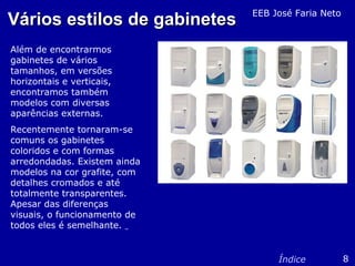 Vários estilos de gabinetesVários estilos de gabinetes
Além de encontrarmos
gabinetes de vários
tamanhos, em versões
horizontais e verticais,
encontramos também
modelos com diversas
aparências externas.
Recentemente tornaram-se
comuns os gabinetes
coloridos e com formas
arredondadas. Existem ainda
modelos na cor grafite, com
detalhes cromados e até
totalmente transparentes.
Apesar das diferenças
visuais, o funcionamento de
todos eles é semelhante.
8Índice
EEB José Faria Neto
 