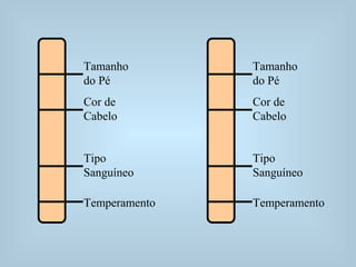 Tamanho
do Pé
Cor de
Cabelo
Tipo
Sanguíneo
Temperamento
Tamanho
do Pé
Cor de
Cabelo
Tipo
Sanguíneo
Temperamento
 