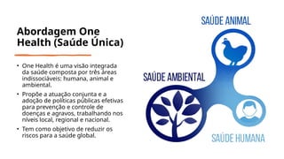 Abordagem One
Health (Saúde Única)
• One Health é uma visão integrada
da saúde composta por três áreas
indissociáveis: humana, animal e
ambiental.
• Propõe a atuação conjunta e a
adoção de políticas públicas efetivas
para prevenção e controle de
doenças e agravos, trabalhando nos
níveis local, regional e nacional.
• Tem como objetivo de reduzir os
riscos para a saúde global.
 