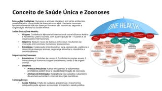 Conceito de Saúde Única e Zoonoses
Interações Ecológicas: Humanos e animais interagem em vários ambientes,
possibilitando a transmissão de doenças entre eles, chamadas zoonoses.
Aproximadamente 60% das doenças humanas são zoonóticas, segundo a
Organização Mundial da Saúde Animal.
Saúde Única (One Health):
• Origem: Conferência Ministerial Internacional sobre Influenza Aviária
e Pandêmica (2007) na Índia, com a participação de 111 países e 29
organizações internacionais.
• Objetivo: Reduzir riscos de doenças infecciosas resultantes da
interação entre animais, humanos e ecossistemas.
• Estratégia: Colaboração interdisciplinar para a prevenção, vigilância e
detecção de doenças animais, segurança alimentar e resistência a
antimicrobianos.
Impactos das Zoonoses:
• Estatísticas: 2,5 bilhões de casos e 2,7 milhões de mortes anuais; 5
novas doenças humanas surgem anualmente, sendo 3 de origem
animal.
• Desafios:
• Práticas Pecuárias: Falhas em rastreios e tratamentos
profiláticos podem levar à rápida disseminação de zoonoses.
• Animais de Estimação: Negligência nos cuidados e abandono
de animais aumentam o risco de doenças zoonóticas.
Consequências:
• Saúde Pública: A falta de cuidados preventivos e tratamentos
adequados pode agravar as zoonoses e impactar a saúde pública.
 