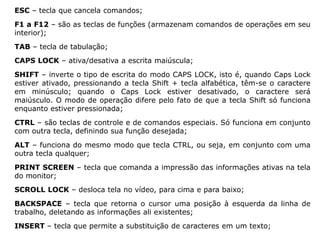 ESC – tecla que cancela comandos;
F1 a F12 – são as teclas de funções (armazenam comandos de operações em seu
interior);
TAB – tecla de tabulação;
CAPS LOCK – ativa/desativa a escrita maiúscula;
SHIFT – inverte o tipo de escrita do modo CAPS LOCK, isto é, quando Caps Lock
estiver ativado, pressionando a tecla Shift + tecla alfabética, têm-se o caractere
em minúsculo; quando o Caps Lock estiver desativado, o caractere será
maiúsculo. O modo de operação difere pelo fato de que a tecla Shift só funciona
enquanto estiver pressionada;
CTRL – são teclas de controle e de comandos especiais. Só funciona em conjunto
com outra tecla, definindo sua função desejada;
ALT – funciona do mesmo modo que tecla CTRL, ou seja, em conjunto com uma
outra tecla qualquer;
PRINT SCREEN – tecla que comanda a impressão das informações ativas na tela
do monitor;
SCROLL LOCK – desloca tela no vídeo, para cima e para baixo;
BACKSPACE – tecla que retorna o cursor uma posição à esquerda da linha de
trabalho, deletando as informações ali existentes;
INSERT – tecla que permite a substituição de caracteres em um texto;
 