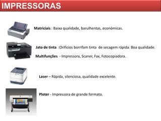 IMPRESSORAS

     Matriciais : Baixa qualidade, barulhentas, económicas.



      Jato de tinta :Orifícios borrifam tinta de secagem rápida. Boa qualidade.

      Multifunções - Impressora, Scaner, Fax, Fotocopiadora.




        Laser – Rápida, silenciosa, qualidade excelente.



        Ploter - Impressora de grande formato.
 