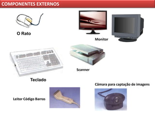 COMPONENTES EXTERNOS




      O Rato
                                     Monitor




                           Scanner

              Teclado
                                     Câmara para captação de imagens


    Leitor Código Barras
 