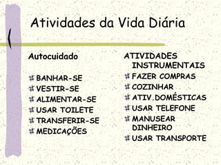 Atividades da Vida Diária Autocuidado BANHAR-SE VESTIR-SE ALIMENTAR-SE USAR TOILETE TRANSFERIR-SE MEDICAÇÕES ATIVIDADES INSTRUMENTAIS FAZER COMPRAS COZINHAR ATIV.DOMÉSTICAS USAR TELEFONE MANUSEAR DINHEIRO USAR TRANSPORTE 