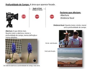 Profundidade de Campo- A área que aparece focada .


                                                                                    Factores que afectam:
                                                                                    -Abertura
                                                                                    -Distância focal


                                                                          Distância focal- Quanto maior a lente, menor
                                                                                        será a profundidade de campo.

   Abertura- A que afecta mais.
   Quanto maior a abertura, menor a
   profundidade de campo, menos definição e
   menos detalhes.


                                                              Só ele está focado.




                                                             Está tudo focado.




Ver slide de abertura e profundidade de campo, mais atrás.
 