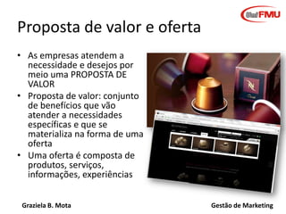 Graziela B. Mota Gestão de Marketing
Proposta de valor e oferta
• As empresas atendem a
necessidade e desejos por
meio uma PROPOSTA DE
VALOR
• Proposta de valor: conjunto
de benefícios que vão
atender a necessidades
específicas e que se
materializa na forma de uma
oferta
• Uma oferta é composta de
produtos, serviços,
informações, experiências
 
