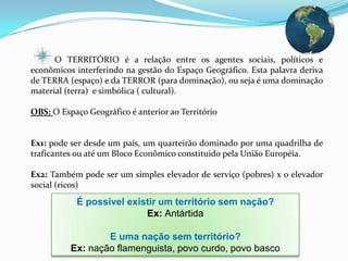 3) Conceito de ESPAÇO GEOGRÁFICO :            O espaço geográfico é o espaço construído através da transformação do mesmo pelo homem (relação sociedade-espaço).            É o conjunto de lugares, com diferentes naturezas, que passaram por diferentes processos históricos e unidos por uma complexa rede de relações.            O espaço geográfico tem vida e movimento, diferente da  PAISAGEM que é estática como uma fotografia. Ele é a união dos elementos naturais e culturais-sociais (homem) em movimento (trabalho). É como um filmeOBS: A paisagem não é espaço,pois se tirarmos a paisagem de um determinado lugar,o espaço não deixará de existir. 