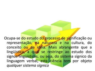 Ocupa-se do estudo do processo de significação ou
 representação, na natureza e na cultura, do
 conceito ou da idéia. Mais abrangente que a
 lingüística, a qual se restringe ao estudo dos
 signos lingüísticos, ou seja, do sistema sígnico da
 linguagem verbal, esta ciência tem por objeto
 qualquer sistema sígnico
 