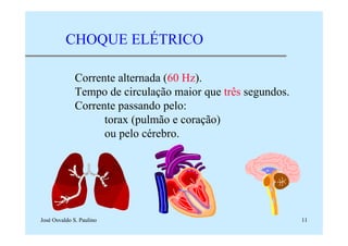 José Osvaldo S. Paulino 11
CHOQUE ELÉTRICO
Corrente alternada (60 Hz).
Tempo de circulação maior que três segundos.
Corrente passando pelo:
torax (pulmão e coração)
ou pelo cérebro.
 