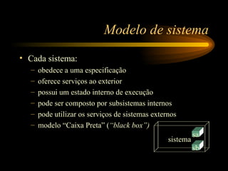 Modelo de sistema Cada sistema: obedece a uma especificação oferece serviços ao exterior possui um estado interno de execução pode ser composto por subsistemas internos pode utilizar os serviços de sistemas externos modelo “Caixa Preta” ( “black box”) sistema sa sb 