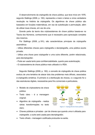 O desenvolvimento da criptografia de chave pública, que teve início em 1976,
segundo Stallings (2008, p. 182), representa a maior e talvez a única verdadeira
revolução na história da criptografia. Os algoritmos de chave pública são
baseados em funções matemáticas, em vez de substituição e permutação, além
de utilizar duas chaves, em vez de uma.
Grande parte da teoria dos criptossistemas de chave pública baseia-se na
Teoria dos Números, conhecimento que é necessário para apreciação completa
dos mesmos.
Por Stallings (2008, p.181), são características principais da criptografia
assimétrica:
- Utiliza diferentes chaves para criptografia e decriptografia, uma pública eoutra
privada;
- Utiliza uma chave para criptografar e uma outra diferente, porém relacionada,
para decriptografar;
- Pode ser usada tanto para confidenciabilidade, quanto para autenticação;
- O criptossistema de chave pública mais utilizado é o RSA.

Segundo Stallings (2008, p. 182), o conceito de criptografia de chave pública
evoluiu de uma tentativa de atacar dois doa problemas mais difíceis, associados
à criptografia simétrica. O primeiro é a distribuição de chaves, e o segundo foi o
das assinaturas digitais, necessárias para fins comerciais e particulares.

Modelo de criptossitema de chave
pública:
•

Texto claro - é a mensagem
original;

•

Algoritmo de criptografia - realiza
várias transformações no texto
Figura 2 - Criptografia de chave pública.

claro;
•

Chaves públicas e privadas - par de chaves que quando uma é utilizada para
criptografar, a outra será usada para decriptografar;

•

Texto cifrado - mensagem codificada produzida na saída;

5

 