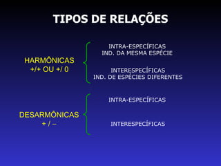 TIPOS DE RELAÇÕES HARMÔNICAS +/+ OU +/ 0 DESARMÔNICAS + /   INTRA-ESPECÍFICAS IND. DA MESMA ESPÉCIE INTERESPECÍFICAS IND. DE ESPÉCIES DIFERENTES INTRA-ESPECÍFICAS INTERESPECÍFICAS 