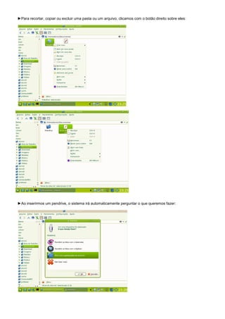 ►Para recortar, copiar ou excluir uma pasta ou um arquivo, clicamos com o botão direito sobre eles:




►Ao inserirmos um pendrive, o sistema irá automaticamente perguntar o que queremos fazer:
 