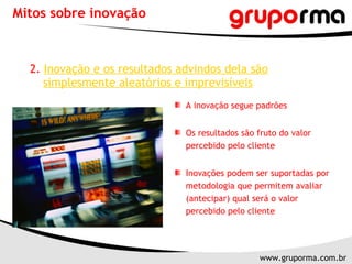 Mitos sobre inovação 2.   Inovação e os resultados advindos dela são simplesmente aleatórios e imprevisíveis A inovação segue padrões  Os resultados são fruto do valor percebido pelo cliente  Inovações podem ser suportadas por metodologia que permitem avaliar (antecipar) qual será o valor percebido pelo cliente 