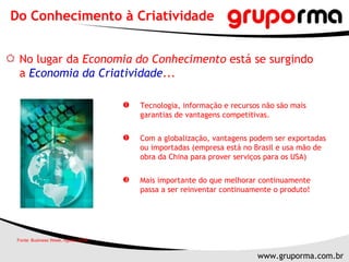 Do Conhecimento à Criatividade No lugar da  Economia do Conhecimento  está se surgindo a  Economia da Criatividade ... Tecnologia, informação e recursos não são mais garantias de vantagens competitivas.  Com a globalização, vantagens podem ser exportadas ou importadas (empresa está no Brasil e usa mão de obra da China para prover serviços para os USA) Mais importante do que melhorar continuamente passa a ser reinventar continuamente o produto! Fonte: Business Week, Agosto 2006  