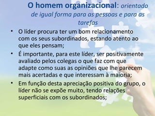 O homem organizacional: orientado
de igual forma para as pessoas e para as
tarefas
• O líder procura ter um bom relacionamento
com os seus subordinados, estando atento ao
que eles pensam;
• É importante, para este líder, ser positivamente
avaliado pelos colegas o que faz com que
adapte como suas as opiniões que lhe parecem
mais acertadas e que interessam à maioria;
• Em função desta apreciação positiva do grupo, o
líder não se expõe muito, tendo relações
superficiais com os subordinados;
 