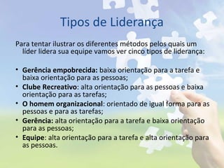 Tipos de Liderança
Para tentar ilustrar os diferentes métodos pelos quais um
líder lidera sua equipe vamos ver cinco tipos de liderança:
• Gerência empobrecida: baixa orientação para a tarefa e
baixa orientação para as pessoas;
• Clube Recreativo: alta orientação para as pessoas e baixa
orientação para as tarefas;
• O homem organizacional: orientado de igual forma para as
pessoas e para as tarefas;
• Gerência: alta orientação para a tarefa e baixa orientação
para as pessoas;
• Equipe: alta orientação para a tarefa e alta orientação para
as pessoas.
 