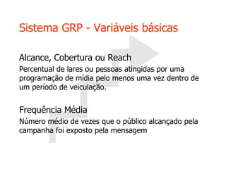 Alcance, Cobertura ou Reach
Percentual de lares ou pessoas atingidas por uma
programação de mídia pelo menos uma vez dentro de
um período de veiculação.
Frequência Média
Número médio de vezes que o público alcançado pela
campanha foi exposto pela mensagem
Sistema GRP - Variáveis básicas
 