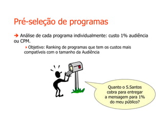 Pré-seleção de programas
 Análise de cada programa individualmente: custo 1% audiência
ou CPM.
Objetivo: Ranking de programas que tem os custos mais
compatíveis com o tamanho da Audiência
Quanto o S.Santos
cobra para entregar
a mensagem para 1%
do meu público?
 