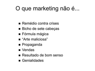  Remédio contra crises
 Bicho de sete cabeças
 Fórmula mágica
 “Arte maliciosa”
 Propaganda
 Vendas
 Resultado de bom senso
 Genialidades
O que marketing não é...
 