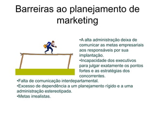 Barreiras ao planejamento de
marketing
•A alta administração deixa de
comunicar as metas empresariais
aos responsáveis por sua
implantação.
•Incapacidade dos executivos
para julgar exatamente os pontos
fortes e as estratégias dos
concorrentes.
•Falta de comunicação interdepartamental.
•Excesso de dependência a um planejamento rígido e a uma
administração estereotipada.
•Metas irrealistas.
 
