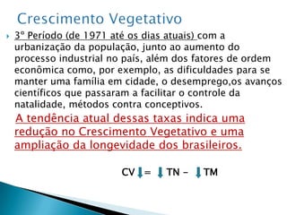 2º Período (de 1941 até 1970) nesta época há intenso avanço no campo da medicina preventiva e curativa, diminuindo a TM. Porém a condição de país com mentalidade rural persiste e junto com este atraso, uma imensa TN.                   CV =    TN -    TM