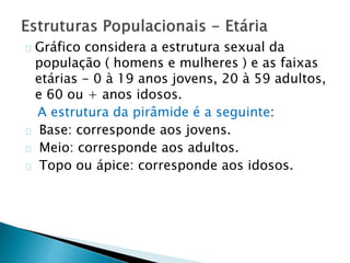 Gráfico considera a estrutura sexual da
população ( homens e mulheres ) e as faixas
etárias - 0 à 19 anos jovens, 20 à 59 adultos,
e 60 ou + anos idosos.
A estrutura da pirâmide é a seguinte:
Base: corresponde aos jovens.
Meio: corresponde aos adultos.
Topo ou ápice: corresponde aos idosos.
 