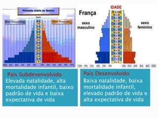País Subdesenvolvido
Elevada natalidade, alta
mortalidade infantil, baixo
padrão de vida e baixa
expectativa de vida
País Desenvolvido
Baixa natalidade, baixa
mortalidade infantil,
elevado padrão de vida e
alta expectativa de vida
 