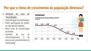Por que o ritmo de crescimento da população diminuiu?
● Redução da taxa de
fecundidade:
 intensificação da urbanização;
 Maior participação da mulher
no mercado de trabalho;
 Maior nível de escolarização
da mulher.
 Aumento do uso de
anticoncepcionais, e da
procura por procedimentos de
esterilização.
 