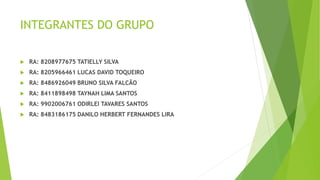 INTEGRANTES DO GRUPO
 RA: 8208977675 TATIELLY SILVA
 RA: 8205966461 LUCAS DAVID TOQUEIRO
 RA: 8486926049 BRUNO SILVA FALCÃO
 RA: 8411898498 TAYNAH LIMA SANTOS
 RA: 9902006761 ODIRLEI TAVARES SANTOS
 RA: 8483186175 DANILO HERBERT FERNANDES LIRA
 