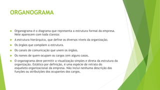 ORGANOGRAMA
 Organograma é o diagrama que representa a estrutura formal da empresa.
Nele aparecem com toda clareza:
 A estrutura hierárquica, que define os diversos níveis da organização.
 Os órgãos que compõem a estrutura.
 Os canais de comunicação que unem os órgãos.
 Os nomes de quem ocupam os cargos (em alguns casos.
 O organograma deve permitir a visualização simples e direta da estrutura da
organização. Estático por definição, é uma espécie de retrato do
esqueleto organizacional da empresa. Não inclui nenhuma descrição das
funções ou atribuições dos ocupantes dos cargos.
 