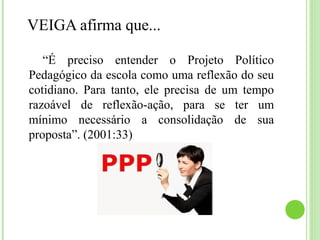 VEIGA afirma que...
“É preciso entender o Projeto Político
Pedagógico da escola como uma reflexão do seu
cotidiano. Para tanto, ele precisa de um tempo
razoável de reflexão-ação, para se ter um
mínimo necessário a consolidação de sua
proposta”. (2001:33)
 