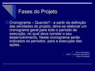 Fases do Projeto Cronograma  – Quando? - a partir da definição das atividades do projeto, deve-se elaborar um cronograma geral para todo o período de execução, no qual deve constar o seu desenvolvimento. Neste cronograma serão indicados os períodos  para a execução das ações. Oficina Pedagógica PCOP – Tecnologia Educacional Rosa e Rosangela 