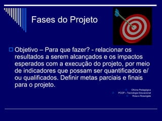 Fases do Projeto Objetivo – Para que fazer? - relacionar os resultados a serem alcançados e os impactos esperados com a execução do projeto, por meio de indicadores que possam ser quantificados e/ou qualificados. Definir metas parciais e finais para o projeto.  Oficina Pedagógica PCOP – Tecnologia Educacional Rosa e Rosangela 