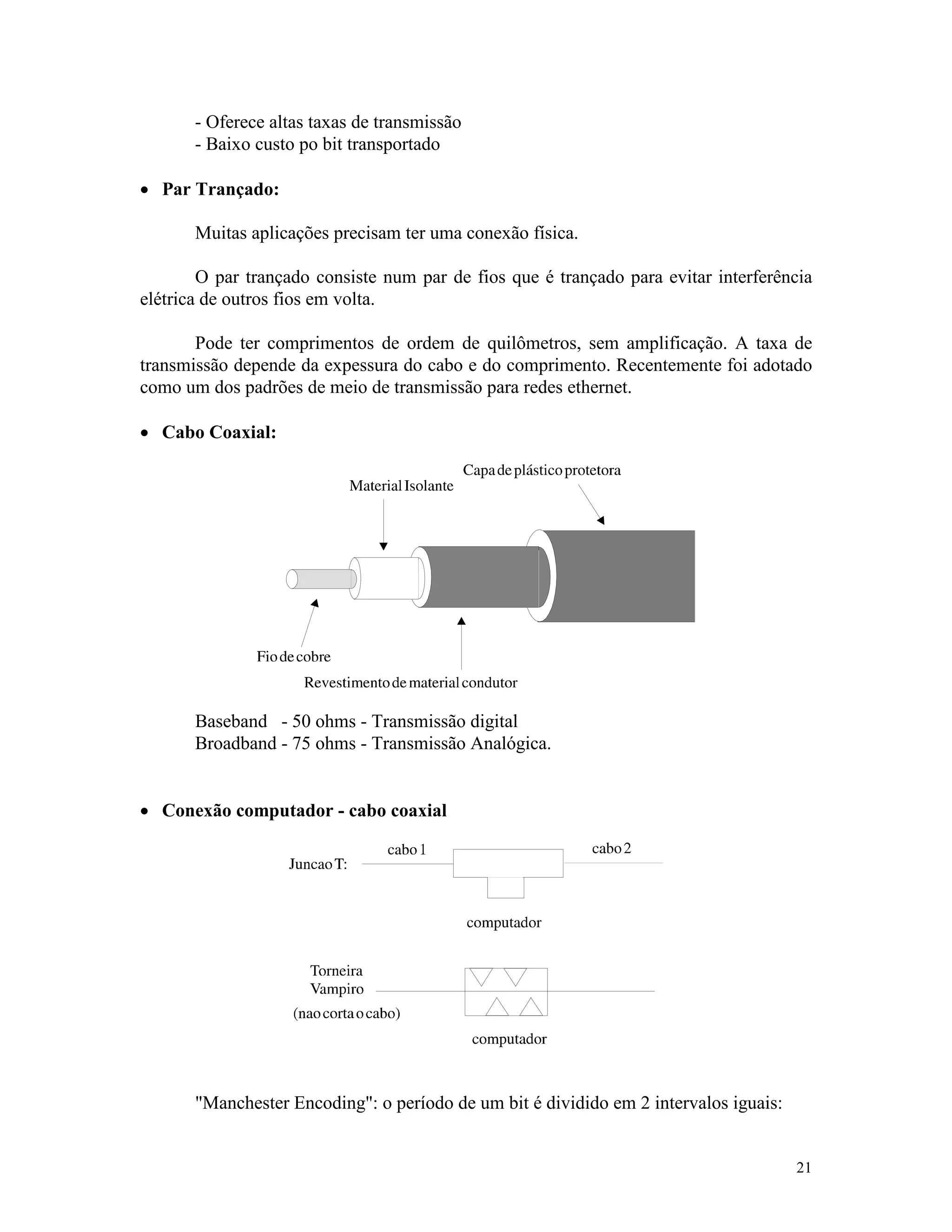 21
- Oferece altas taxas de transmissão
- Baixo custo po bit transportado
· Par Trançado:
Muitas aplicações precisam ter uma conexão física.
O par trançado consiste num par de fios que é trançado para evitar interferência
elétrica de outros fios em volta.
Pode ter comprimentos de ordem de quilômetros, sem amplificação. A taxa de
transmissão depende da expessura do cabo e do comprimento. Recentemente foi adotado
como um dos padrões de meio de transmissão para redes ethernet.
· Cabo Coaxial:
Baseband - 50 ohms - Transmissão digital
Broadband - 75 ohms - Transmissão Analógica.
· Conexão computador - cabo coaxial
"Manchester Encoding": o período de um bit é dividido em 2 intervalos iguais:
 