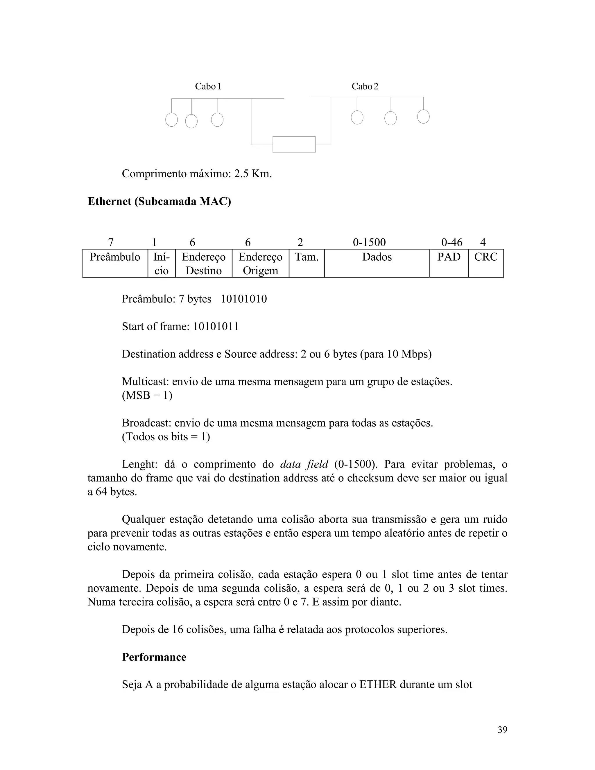 39
Comprimento máximo: 2.5 Km.
Ethernet (Subcamada MAC)
7 1 6 6 2 0-1500 0-46 4
Preâmbulo Iní-
cio
Endereço
Destino
Endereço
Origem
Tam. Dados PAD CRC
Preâmbulo: 7 bytes 10101010
Start of frame: 10101011
Destination address e Source address: 2 ou 6 bytes (para 10 Mbps)
Multicast: envio de uma mesma mensagem para um grupo de estações.
(MSB = 1)
Broadcast: envio de uma mesma mensagem para todas as estações.
(Todos os bits = 1)
Lenght: dá o comprimento do data field (0-1500). Para evitar problemas, o
tamanho do frame que vai do destination address até o checksum deve ser maior ou igual
a 64 bytes.
Qualquer estação detetando uma colisão aborta sua transmissão e gera um ruído
para prevenir todas as outras estações e então espera um tempo aleatório antes de repetir o
ciclo novamente.
Depois da primeira colisão, cada estação espera 0 ou 1 slot time antes de tentar
novamente. Depois de uma segunda colisão, a espera será de 0, 1 ou 2 ou 3 slot times.
Numa terceira colisão, a espera será entre 0 e 7. E assim por diante.
Depois de 16 colisões, uma falha é relatada aos protocolos superiores.
Performance
Seja A a probabilidade de alguma estação alocar o ETHER durante um slot
 