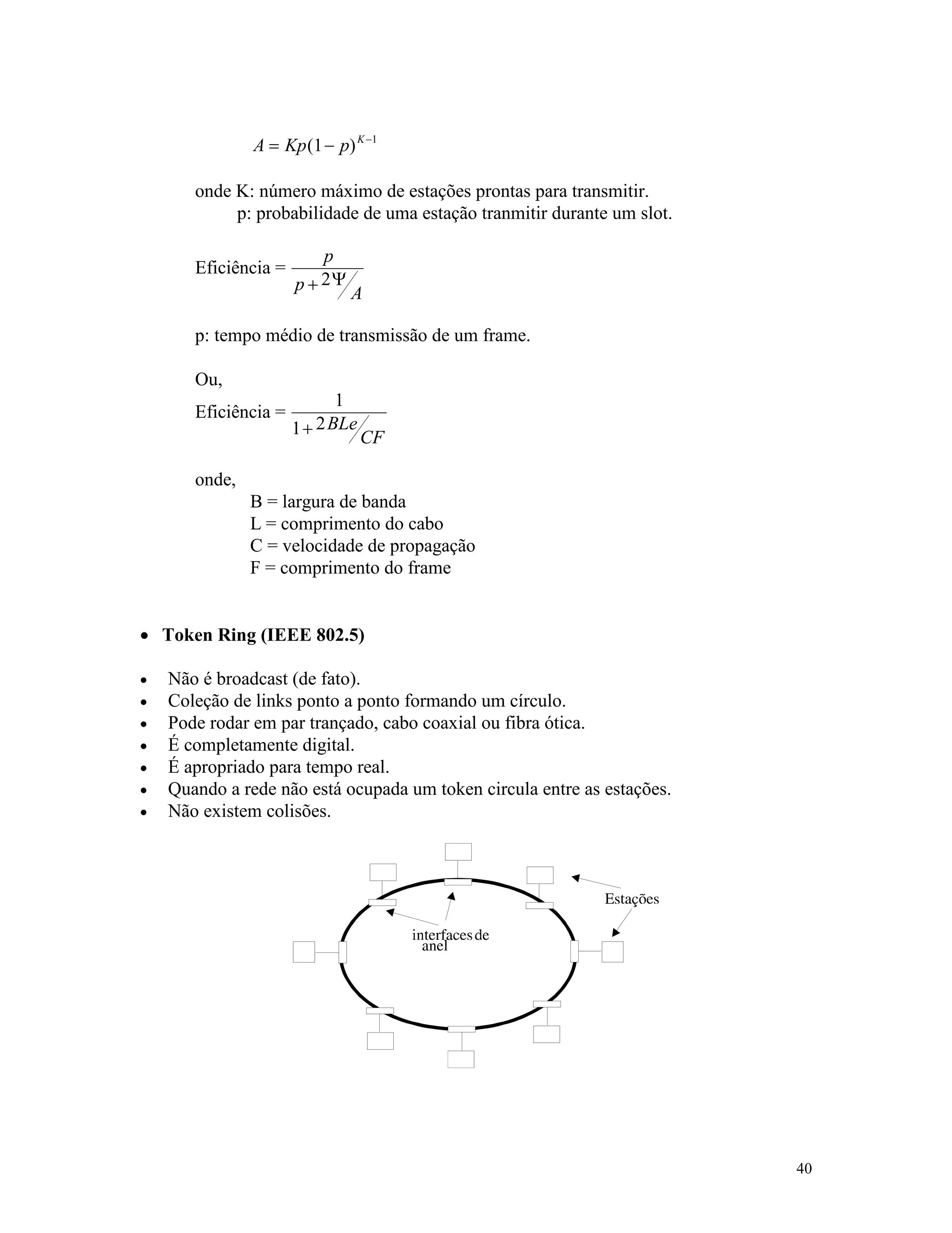 40
A Kp p K
= - -
( )1 1
onde K: número máximo de estações prontas para transmitir.
p: probabilidade de uma estação tranmitir durante um slot.
Eficiência =
p
p A+ 2Y
p: tempo médio de transmissão de um frame.
Ou,
Eficiência =
1
1 2+ BLe
CF
onde,
B = largura de banda
L = comprimento do cabo
C = velocidade de propagação
F = comprimento do frame
· Token Ring (IEEE 802.5)
· Não é broadcast (de fato).
· Coleção de links ponto a ponto formando um círculo.
· Pode rodar em par trançado, cabo coaxial ou fibra ótica.
· É completamente digital.
· É apropriado para tempo real.
· Quando a rede não está ocupada um token circula entre as estações.
· Não existem colisões.
 