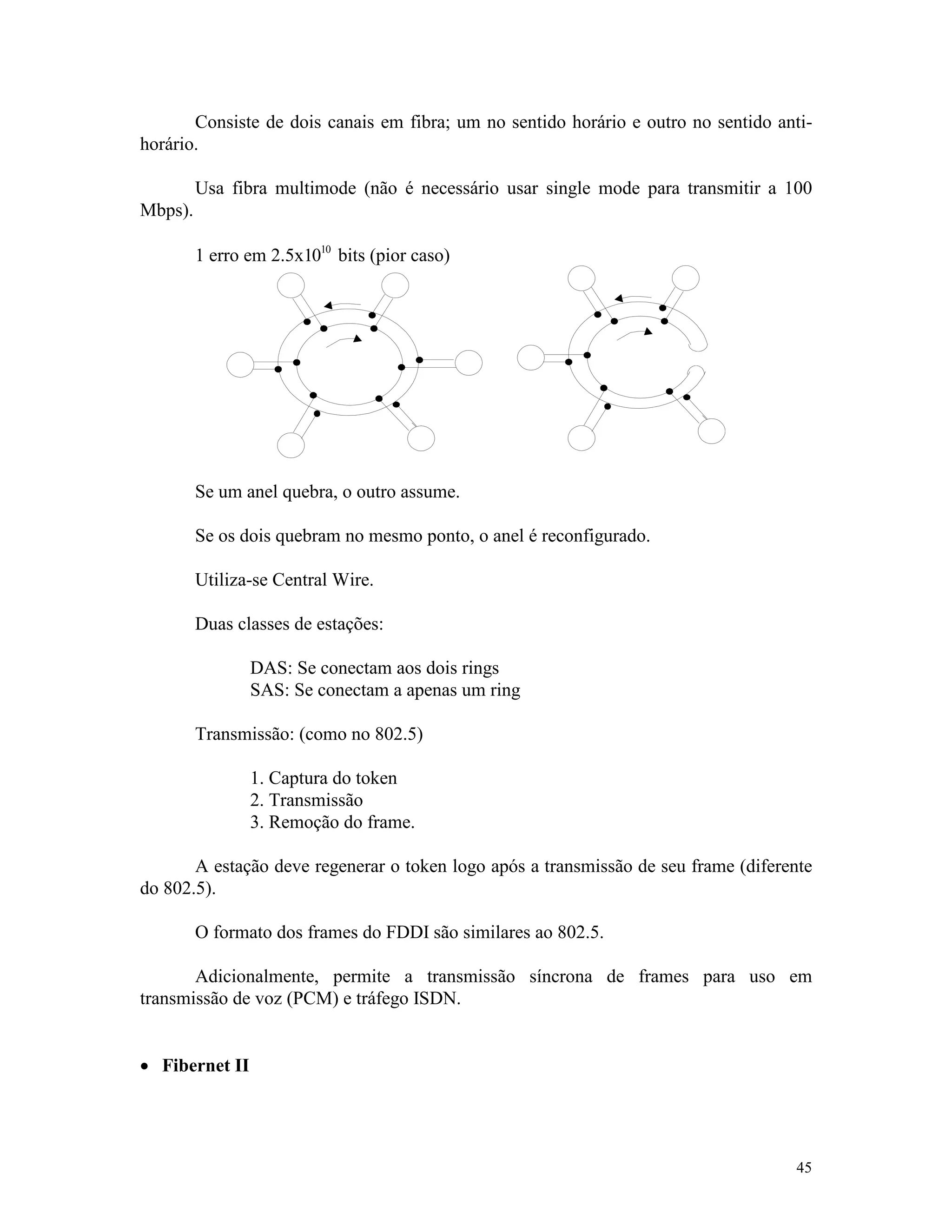 45
Consiste de dois canais em fibra; um no sentido horário e outro no sentido anti-
horário.
Usa fibra multimode (não é necessário usar single mode para transmitir a 100
Mbps).
1 erro em 2.5x1010
bits (pior caso)
Se um anel quebra, o outro assume.
Se os dois quebram no mesmo ponto, o anel é reconfigurado.
Utiliza-se Central Wire.
Duas classes de estações:
DAS: Se conectam aos dois rings
SAS: Se conectam a apenas um ring
Transmissão: (como no 802.5)
1. Captura do token
2. Transmissão
3. Remoção do frame.
A estação deve regenerar o token logo após a transmissão de seu frame (diferente
do 802.5).
O formato dos frames do FDDI são similares ao 802.5.
Adicionalmente, permite a transmissão síncrona de frames para uso em
transmissão de voz (PCM) e tráfego ISDN.
· Fibernet II
 
