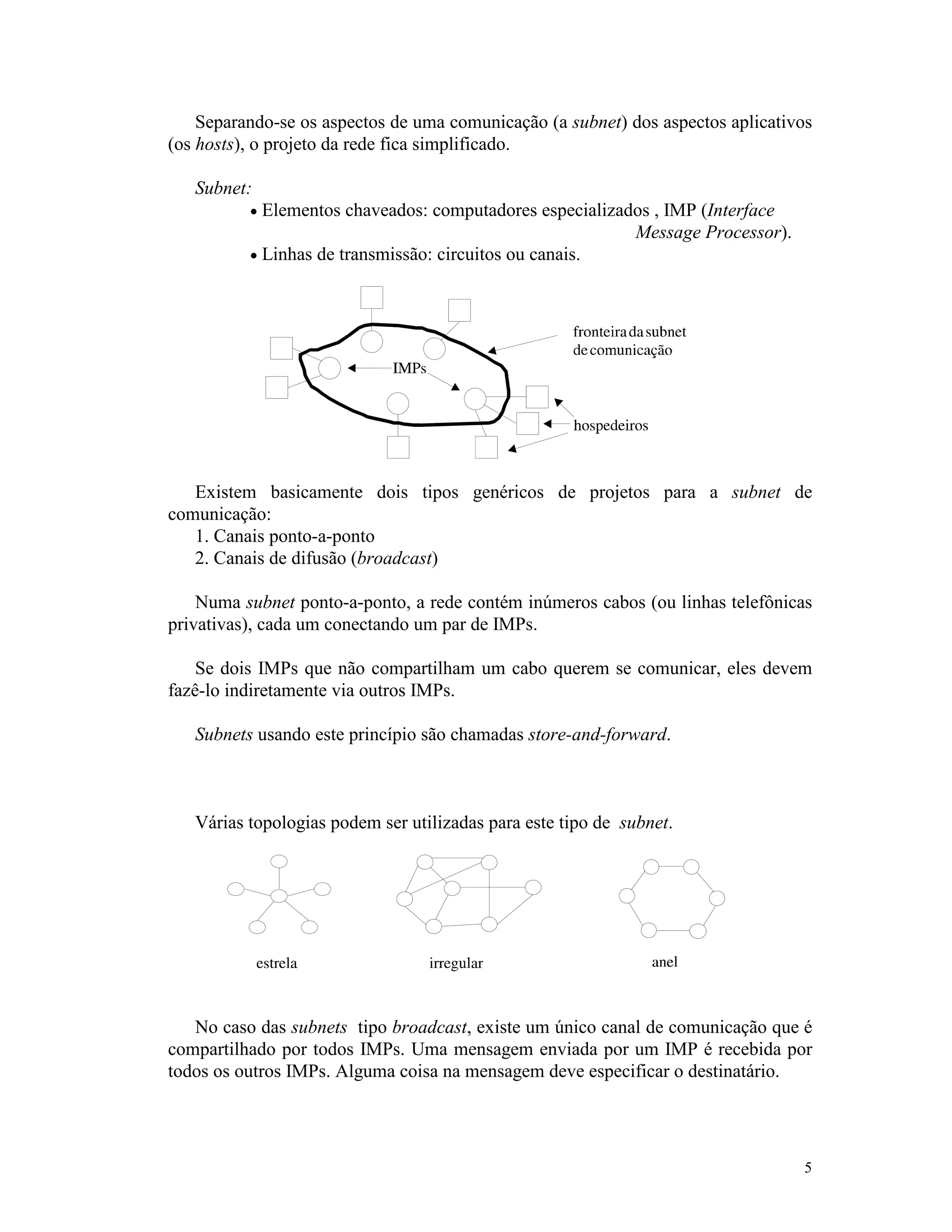 5
Separando-se os aspectos de uma comunicação (a subnet) dos aspectos aplicativos
(os hosts), o projeto da rede fica simplificado.
Subnet:
· Elementos chaveados: computadores especializados , IMP (Interface
Message Processor).
· Linhas de transmissão: circuitos ou canais.
Existem basicamente dois tipos genéricos de projetos para a subnet de
comunicação:
1. Canais ponto-a-ponto
2. Canais de difusão (broadcast)
Numa subnet ponto-a-ponto, a rede contém inúmeros cabos (ou linhas telefônicas
privativas), cada um conectando um par de IMPs.
Se dois IMPs que não compartilham um cabo querem se comunicar, eles devem
fazê-lo indiretamente via outros IMPs.
Subnets usando este princípio são chamadas store-and-forward.
Várias topologias podem ser utilizadas para este tipo de subnet.
No caso das subnets tipo broadcast, existe um único canal de comunicação que é
compartilhado por todos IMPs. Uma mensagem enviada por um IMP é recebida por
todos os outros IMPs. Alguma coisa na mensagem deve especificar o destinatário.
 