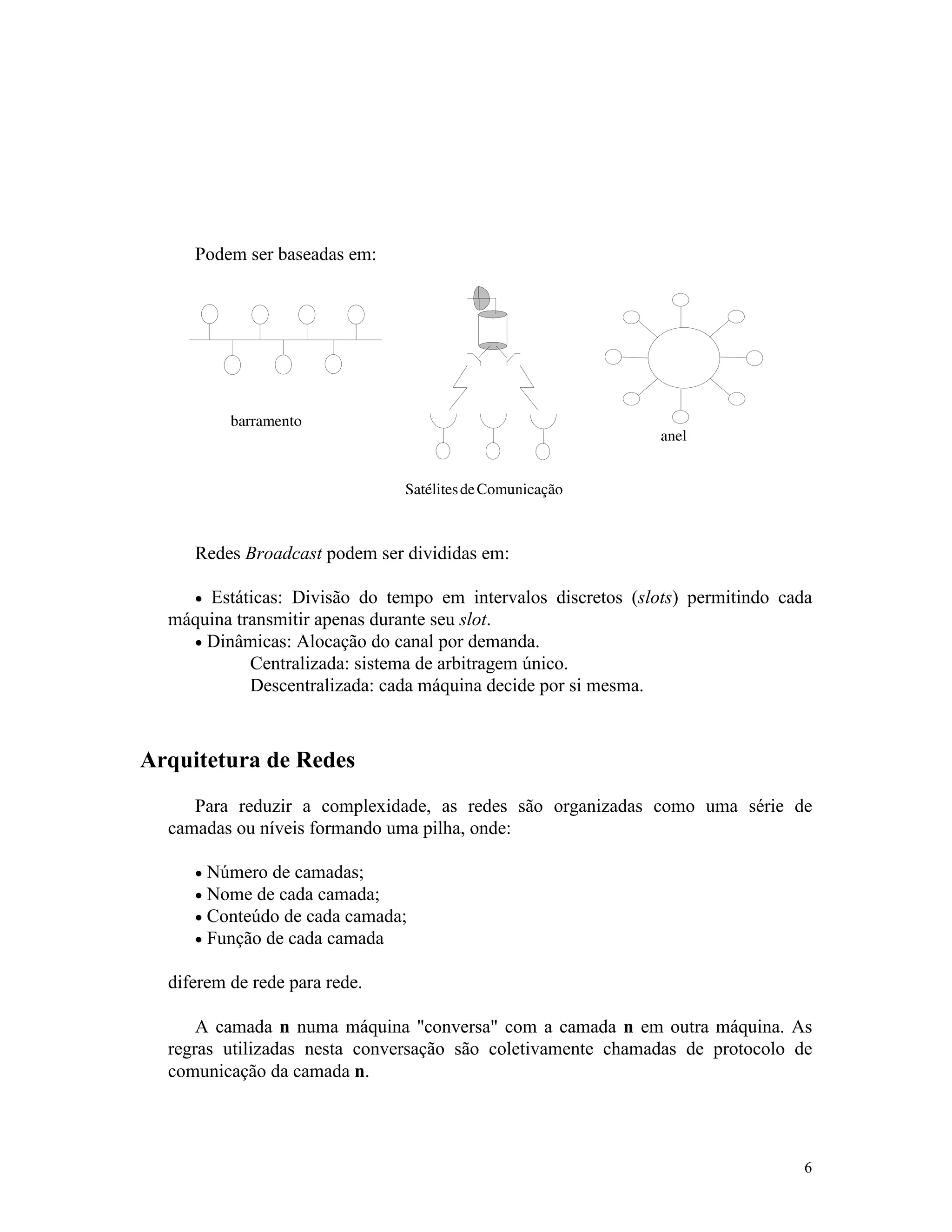 6
Podem ser baseadas em:
Redes Broadcast podem ser divididas em:
· Estáticas: Divisão do tempo em intervalos discretos (slots) permitindo cada
máquina transmitir apenas durante seu slot.
· Dinâmicas: Alocação do canal por demanda.
Centralizada: sistema de arbitragem único.
Descentralizada: cada máquina decide por si mesma.
Arquitetura de Redes
Para reduzir a complexidade, as redes são organizadas como uma série de
camadas ou níveis formando uma pilha, onde:
· Número de camadas;
· Nome de cada camada;
· Conteúdo de cada camada;
· Função de cada camada
diferem de rede para rede.
A camada n numa máquina "conversa" com a camada n em outra máquina. As
regras utilizadas nesta conversação são coletivamente chamadas de protocolo de
comunicação da camada n.
 
