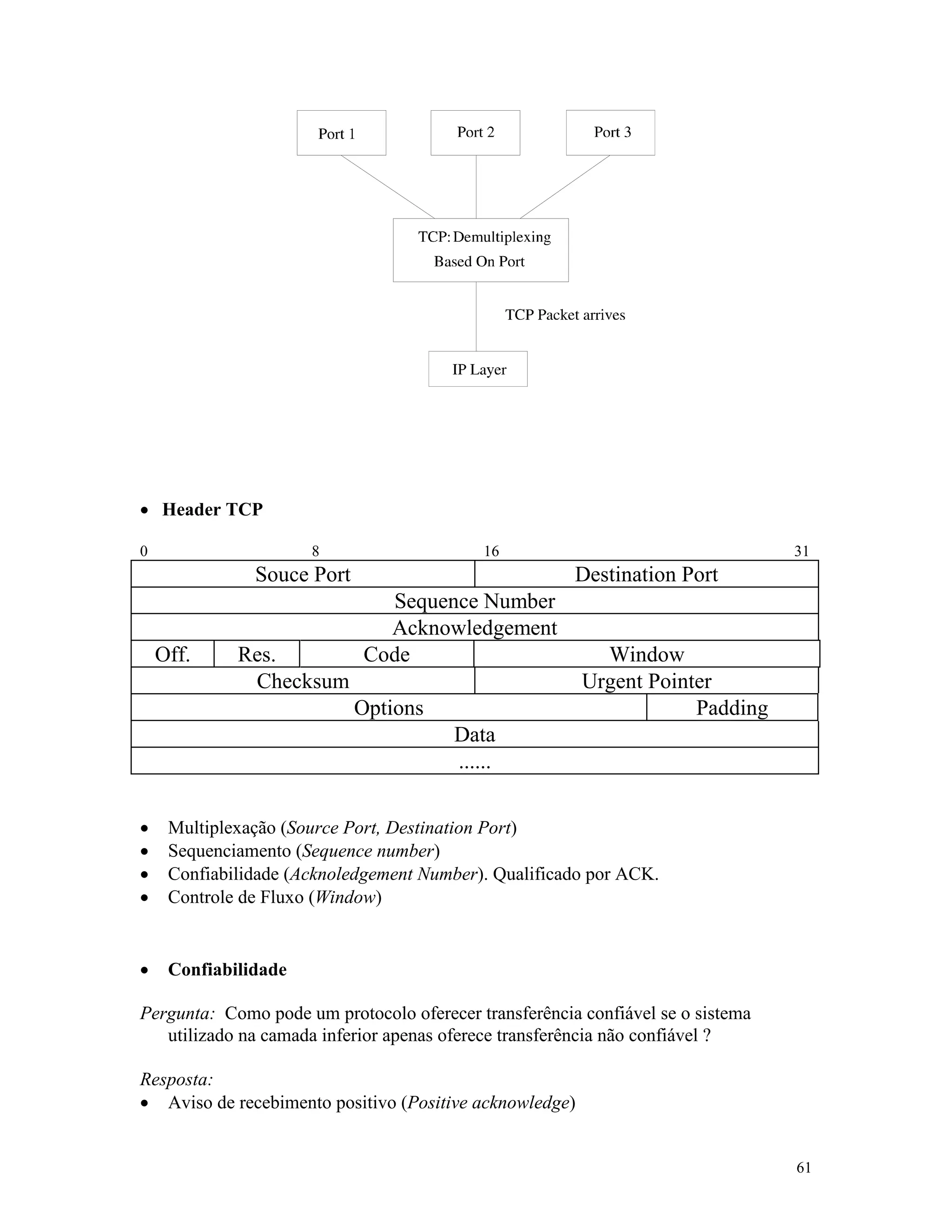 61
· Header TCP
0 8 16 31
Souce Port Destination Port
Sequence Number
Acknowledgement
Off. Res. Code Window
Checksum Urgent Pointer
Options Padding
Data
......
· Multiplexação (Source Port, Destination Port)
· Sequenciamento (Sequence number)
· Confiabilidade (Acknoledgement Number). Qualificado por ACK.
· Controle de Fluxo (Window)
· Confiabilidade
Pergunta: Como pode um protocolo oferecer transferência confiável se o sistema
utilizado na camada inferior apenas oferece transferência não confiável ?
Resposta:
· Aviso de recebimento positivo (Positive acknowledge)
 